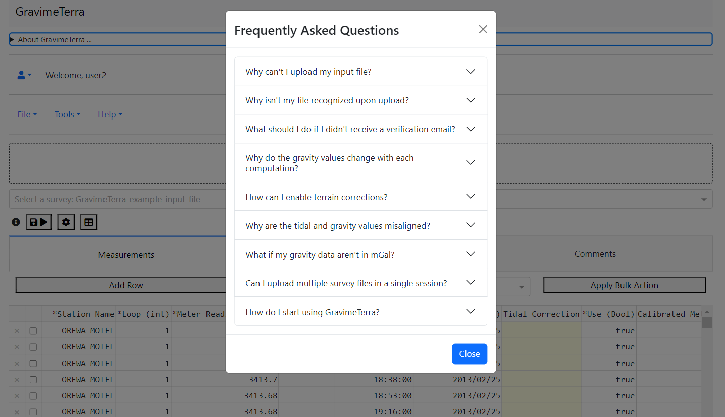 Screenshot of the Frequently Asked Questions, found in the Help menu.