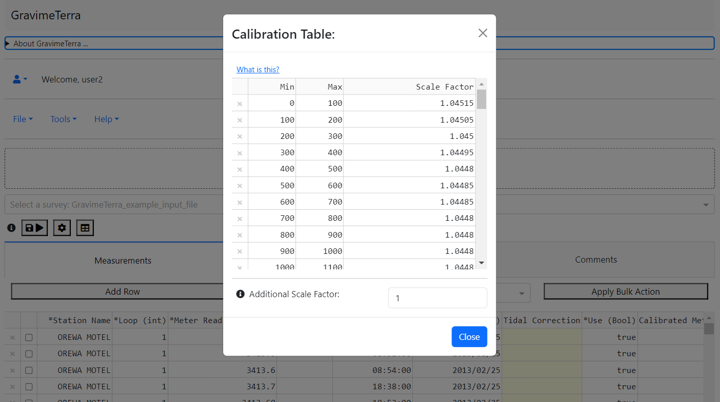 Screenshot of the user defined gravimeter calibration table and gravimer scale factor, which can also be determined from the survey data if two or more constraint values are given.